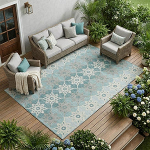 8 X 10 Aqua Teal Floral Medallion Polyester Washable Rug for Indoor Outdoor Use