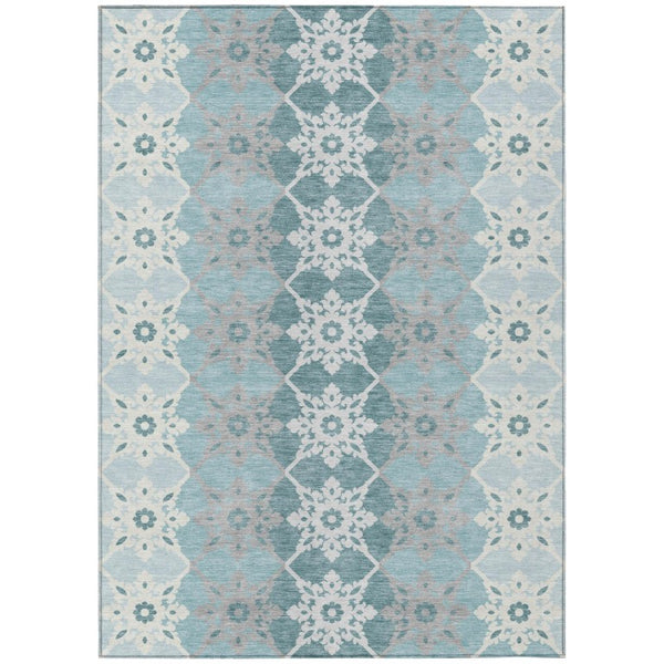 HomeRoots 8 X 10 Aqua Teal Floral Medallion Polyester Washable Rug for Indoor Outdoor Use 740383