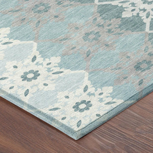 8 X 10 Aqua Teal Floral Medallion Polyester Washable Rug for Indoor Outdoor Use