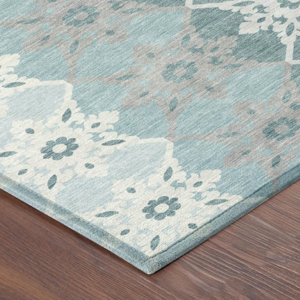 8 X 10 Aqua Teal Floral Medallion Polyester Washable Rug for Indoor Outdoor Use