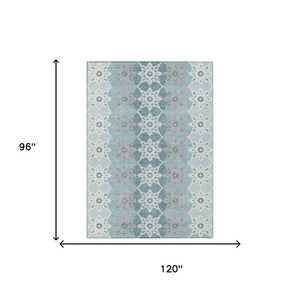 8 X 10 Aqua Teal Floral Medallion Polyester Washable Rug for Indoor Outdoor Use