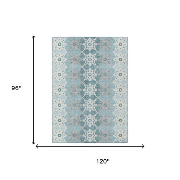 8 X 10 Aqua Teal Floral Medallion Polyester Washable Rug for Indoor Outdoor Use