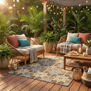 8 Foot Round Floral Medallion Polyester Rug Stain Resistant Indoor Outdoor Patio