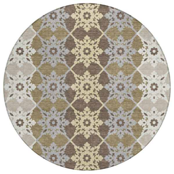 8 Foot Round Floral Medallion Polyester Rug Stain Resistant Indoor Outdoor Patio