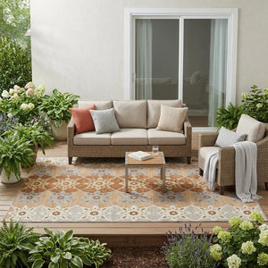 5x8 Copper Orange Floral Medallion Polyester Area Rug Washable for Indoor Outdoor