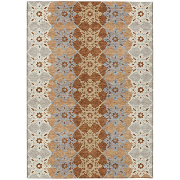 HomeRoots 5x8 Copper Orange Floral Medallion Polyester Area Rug Washable for Indoor Outdoor 740399