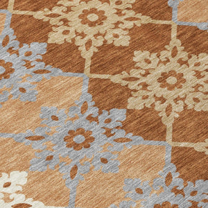 5x8 Copper Orange Floral Medallion Polyester Area Rug Washable for Indoor Outdoor
