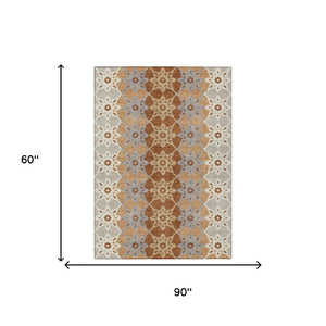 5x8 Copper Orange Floral Medallion Polyester Area Rug Washable for Indoor Outdoor