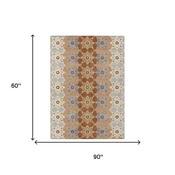 5x8 Copper Orange Floral Medallion Polyester Area Rug Washable for Indoor Outdoor