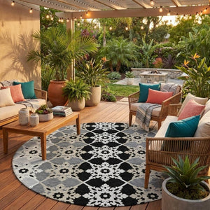 8 Ft Round Gray Medallion Polyester Area Rug Stain Resistant for Indoor Outdoor Use