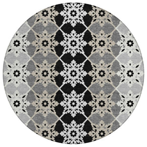 HomeRoots 8 Ft Round Gray Medallion Polyester Area Rug Stain Resistant for Indoor Outdoor Use 740406