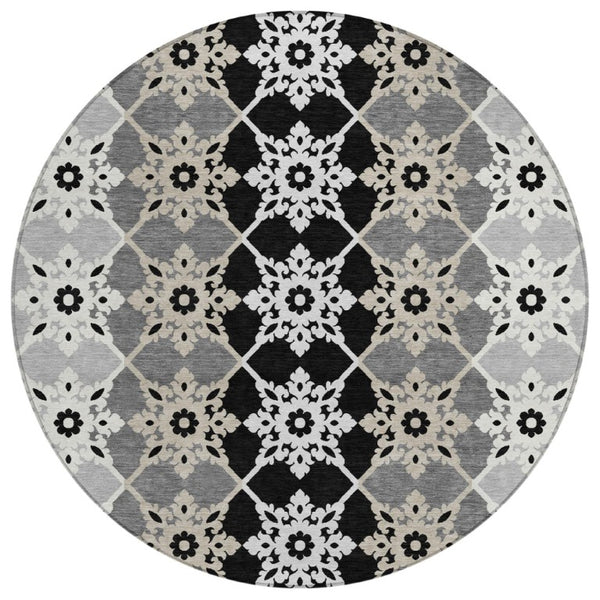 HomeRoots 8 Ft Round Gray Medallion Polyester Area Rug Stain Resistant for Indoor Outdoor Use 740406