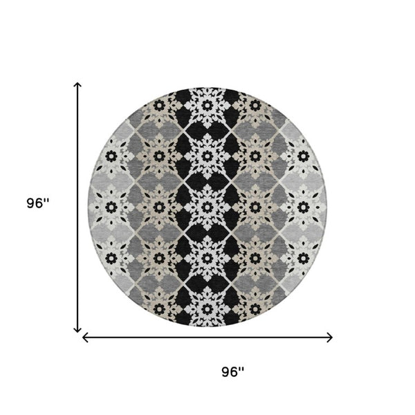 8 Ft Round Gray Medallion Polyester Area Rug Stain Resistant for Indoor Outdoor Use