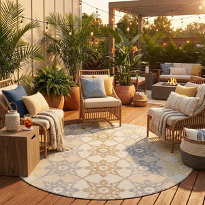 8 Ft Round Floral Medallion Polyester Area Rug Stain Resistant Indoor Outdoor