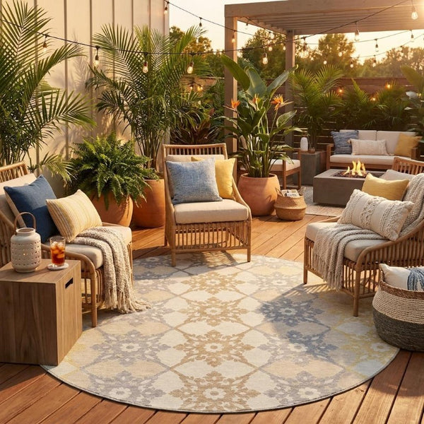8 Ft Round Floral Medallion Polyester Area Rug Stain Resistant Indoor Outdoor