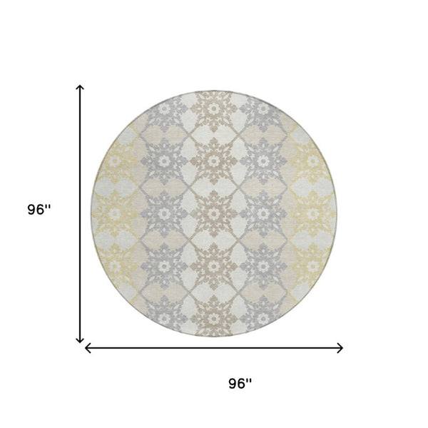 8 Ft Round Floral Medallion Polyester Area Rug Stain Resistant Indoor Outdoor