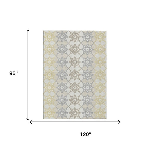 8x10 Ivory Silver Floral Medallion Polyester Washable Indoor Outdoor Area Rug