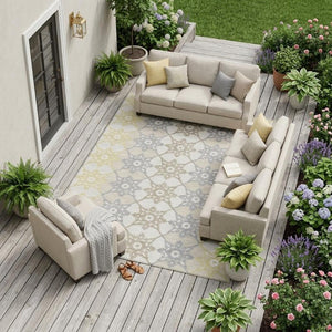 9 X 12 Ivory Silver Floral Medallion Polyester Indoor Outdoor Washable Area Rug