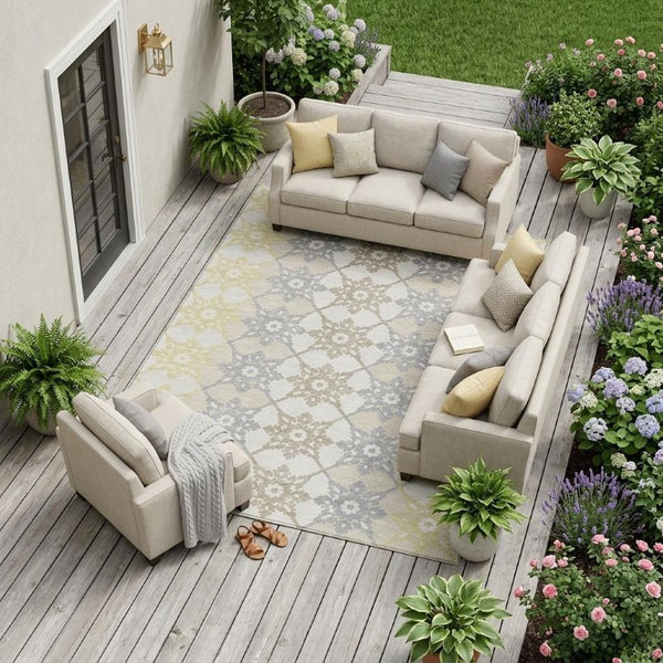 9 X 12 Ivory Silver Floral Medallion Polyester Indoor Outdoor Washable Area Rug