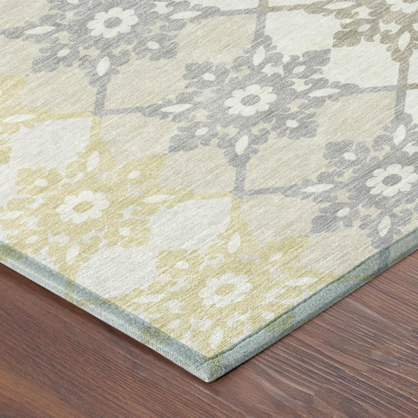 9 X 12 Ivory Silver Floral Medallion Polyester Indoor Outdoor Washable Area Rug