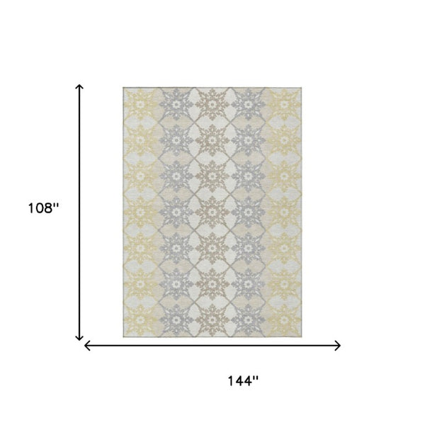 9 X 12 Ivory Silver Floral Medallion Polyester Indoor Outdoor Washable Area Rug