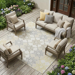 10 X 14 Ivory Silver Floral Medallion Polyester Area Rug Washable for Patio