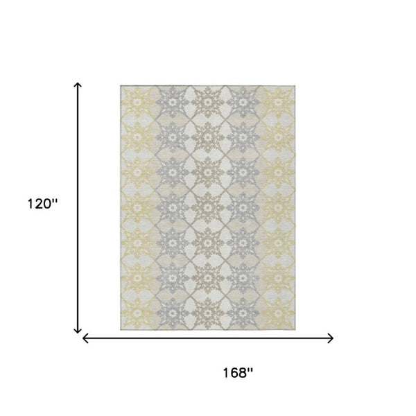 10 X 14 Ivory Silver Floral Medallion Polyester Area Rug Washable for Patio