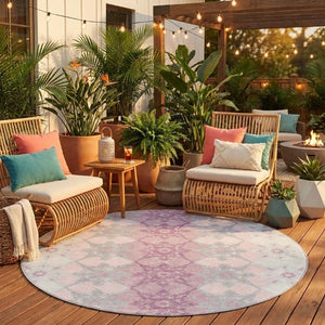 8 Ft Round Floral Medallion Polyester Rug Washable for Patio or Family Room