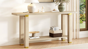 English Elm U_Style 62.9" Modern Minimalist Console Table - Solid Wood With Metal Accents & Open Shelf Storage N711P289140O-GIGA