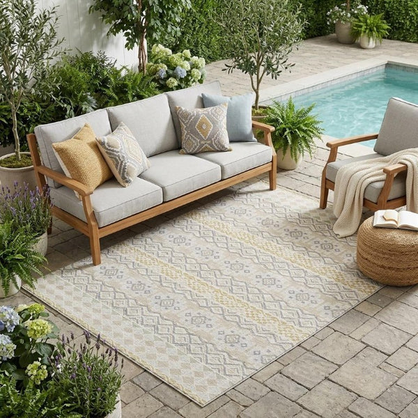 5x8 Ivory Silver Stripe Polyester Area Rug Washable Stain Resistant Indoor Outdoor