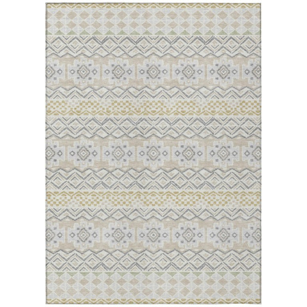 HomeRoots 5x8 Ivory Silver Stripe Polyester Area Rug Washable Stain Resistant Indoor Outdoor 740447