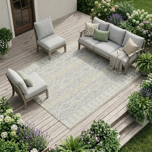 10 X 14 Ivory Silver Stripe Washable Polyester Area Rug for Indoor Outdoor Living