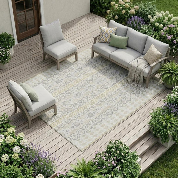10 X 14 Ivory Silver Stripe Washable Polyester Area Rug for Indoor Outdoor Living