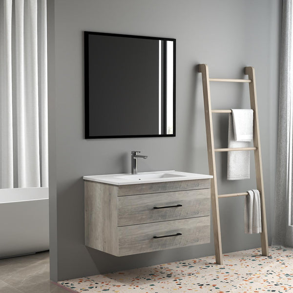 English Elm 32-Inch Modern Grey Wood Grain Wall-Mounted Bathroom Vanity With Soft-Close Drawers & Sink W3151S00006