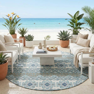 8 Ft Round Teal Striped Polyester Area Rug Washable for Patio Porch or Family Room