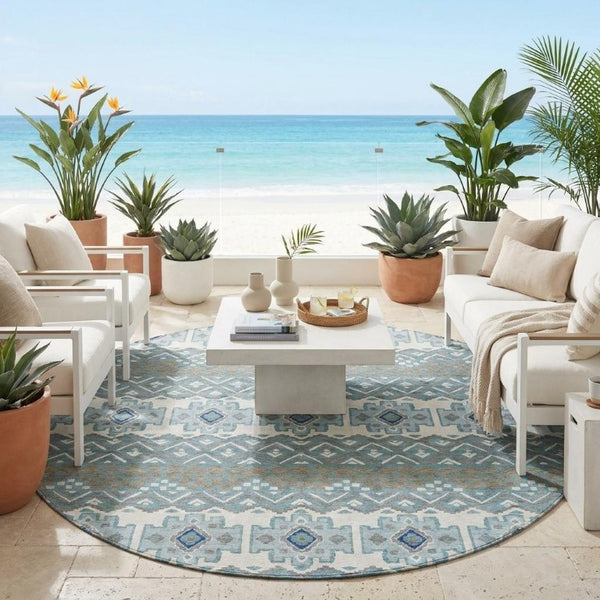 8 Ft Round Teal Striped Polyester Area Rug Washable for Patio Porch or Family Room
