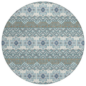 HomeRoots 8 Ft Round Teal Striped Polyester Area Rug Washable for Patio Porch or Family Room 740460