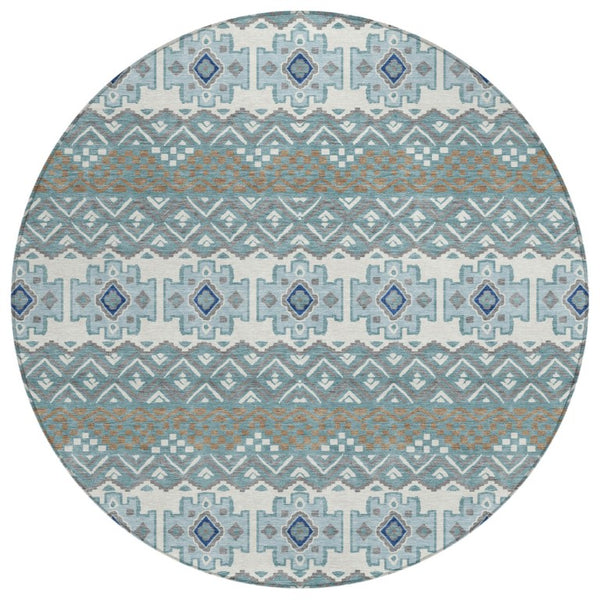 HomeRoots 8 Ft Round Teal Striped Polyester Area Rug Washable for Patio Porch or Family Room 740460