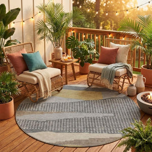 8 Foot Round Abstract Polyester Area Rug Washable Indoor Outdoor Patio Gray