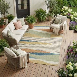 8 X 10 Ivory Abstract Polyester Area Rug Washable for Indoor Outdoor Use