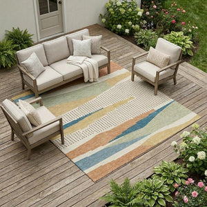 9x12 Abstract Ivory Cream Polyester Area Rug Stain Resistant for Patio or Living Room