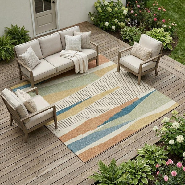 9x12 Abstract Ivory Cream Polyester Area Rug Stain Resistant for Patio or Living Room