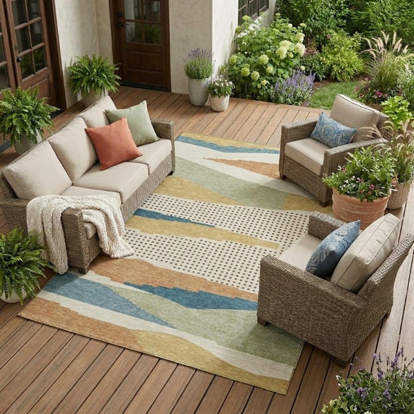 10 X 14 Ivory Cream Abstract Polyester Area Rug Washable for Patio or Living Room