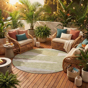 8 Foot Sage Green Abstract Round Rug Washable Polyester for Patio or Family Room