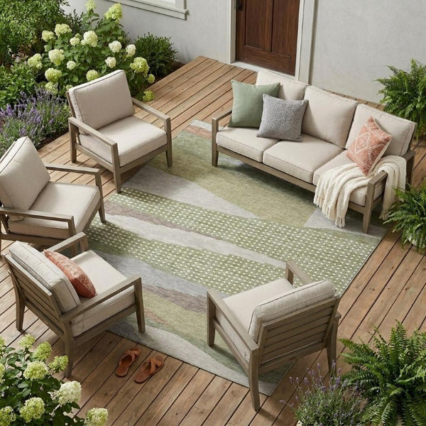 8 Ft X 10 Ft Sage Green Abstract Polyester Area Rug Washable for Patio or Living Room