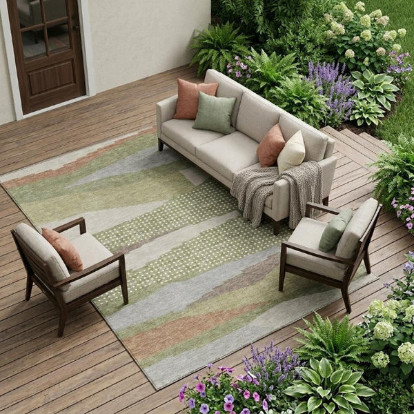 9 X 12 Abstract Sage Green Polyester Area Rug Washable for Indoor Outdoor Use