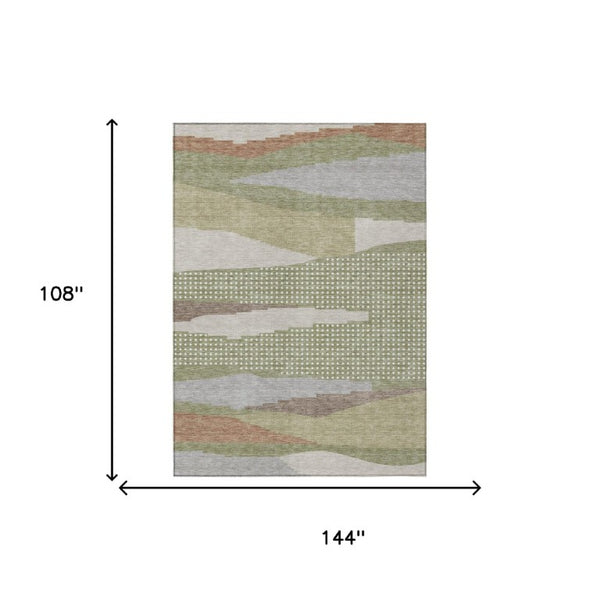 9 X 12 Abstract Sage Green Polyester Area Rug Washable for Indoor Outdoor Use