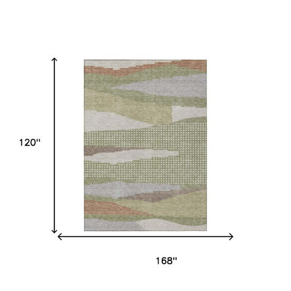 10 X 14 Sage Green Abstract Polyester Area Rug Washable Stain Resistant Indoor Outdoor