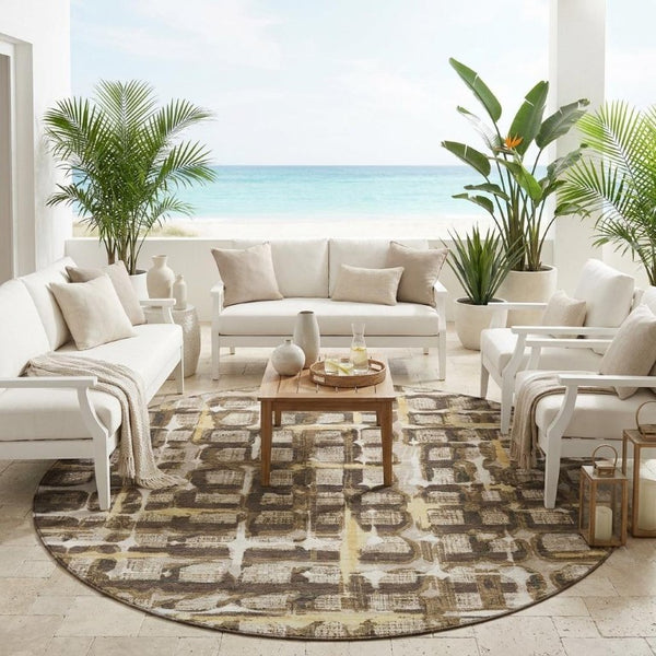 8 Foot Round Geometric Polyester Area Rug Washable Beige Brown Indoor Outdoor