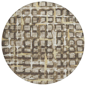HomeRoots 8 Foot Round Geometric Polyester Area Rug Washable Beige Brown Indoor Outdoor 740502